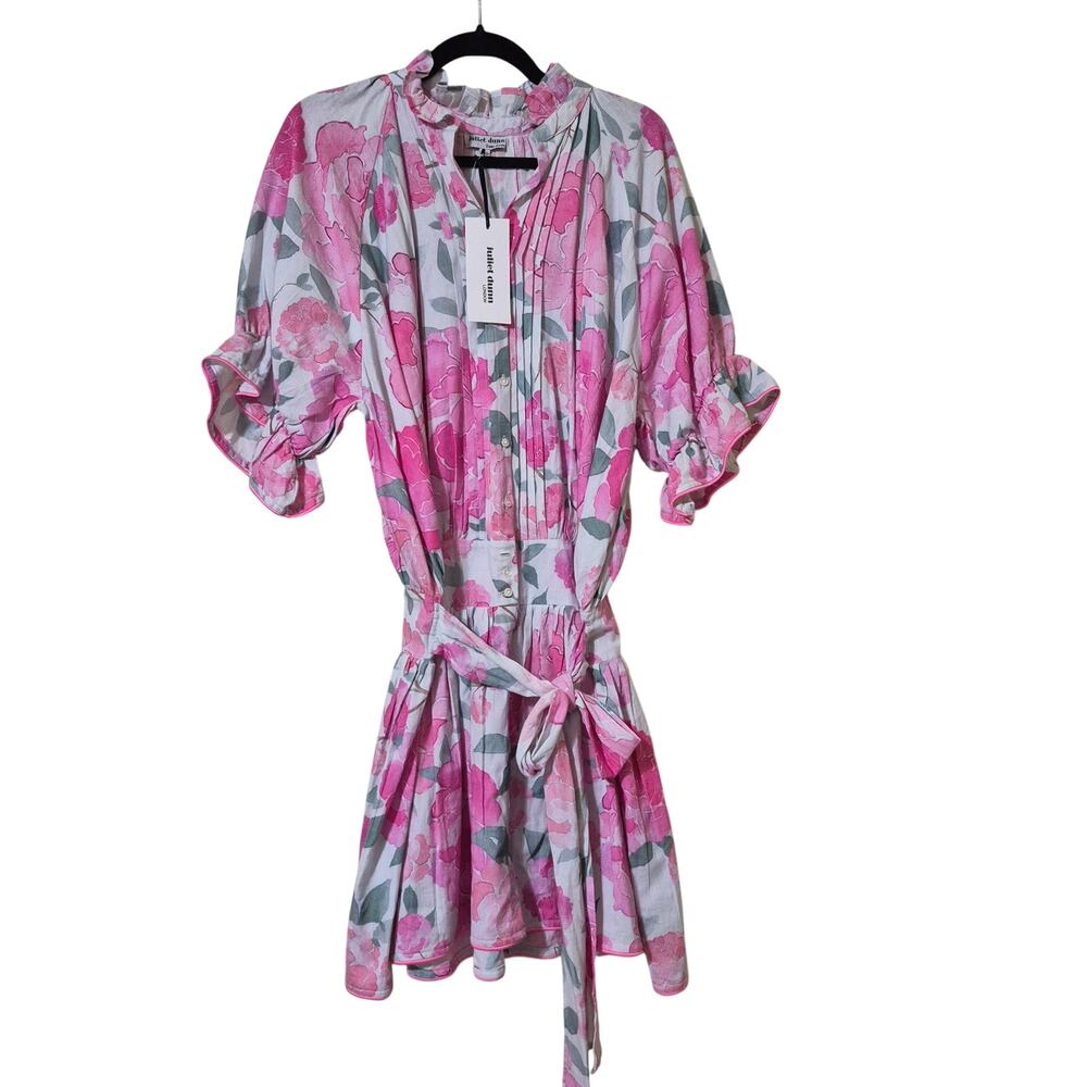 Juliet Dunn Blouson Mini Dress Women 2 US 8 Pink Floral Button Front Trim
